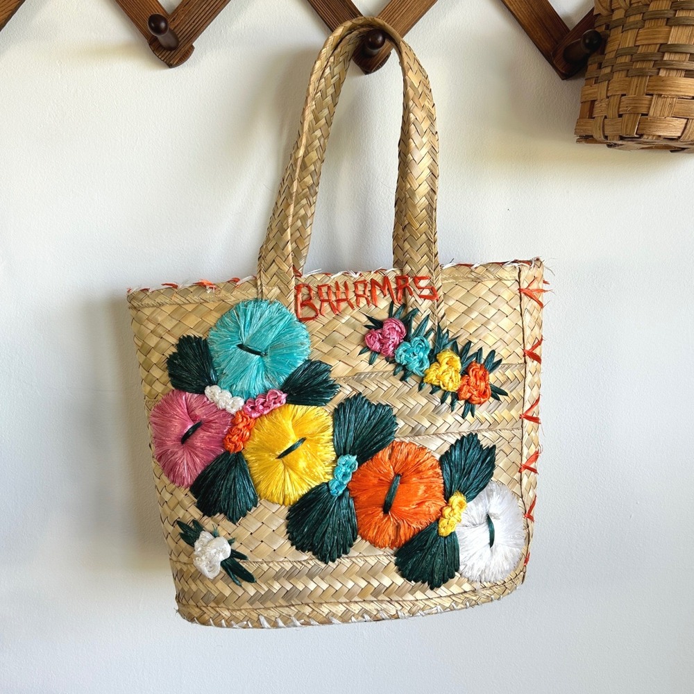 Vintage Bahamas Woven Straw Tote Bag Floral Raffia Embroidery Tropical Beach Bag